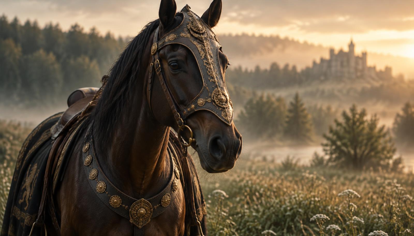 A bay horse wearing an ornate handcrafted chamfron head armor in a misty golden meadow